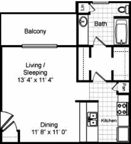 Floor plan for studio, 1 bath, 512 sqft