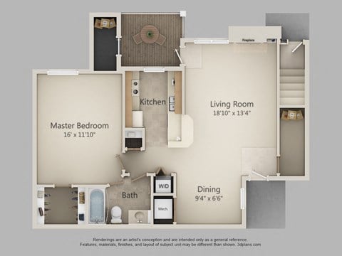 Floor plan for 1 bed, 1 bath, 860 sqft