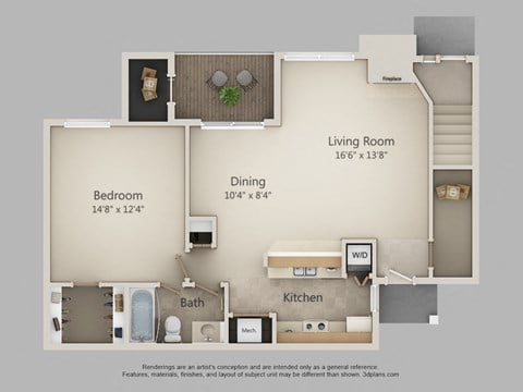Floor plan for 1 bed, 1 bath, 850 sqft