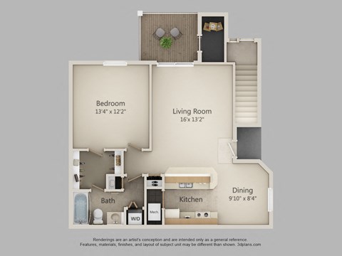 Floor plan for 1 bed, 1 bath, 780 sqft