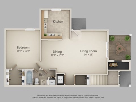 Floor plan for 1 bed, 1 bath, 850 sqft