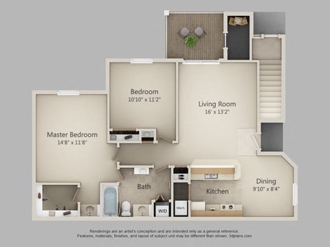 Floor plan for 2 beds, 1 bath, 1010 sqft