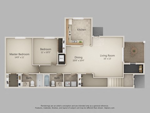 Floor plan for 2 beds, 2 baths, 1090 sqft