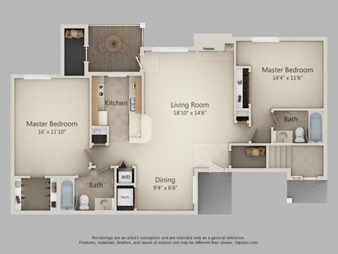 Floor plan for 2 beds, 2 baths, 1140 sqft