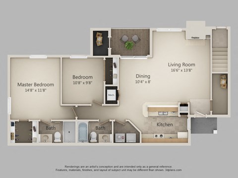 Floor plan for 2 beds, 2 baths, 1085 sqft