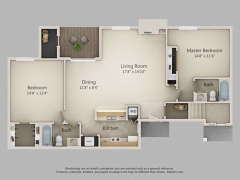 Floor plan for 2 beds, 2 baths, 1130 sqft