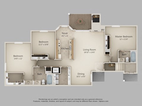 Floor plan for 3 beds, 2 baths, 1460 sqft
