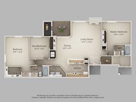 Floor plan for 3 beds, 2 baths, 1350 sqft