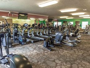 Fishers apartment for rent - a gym with cardio equipment and weights on the floor