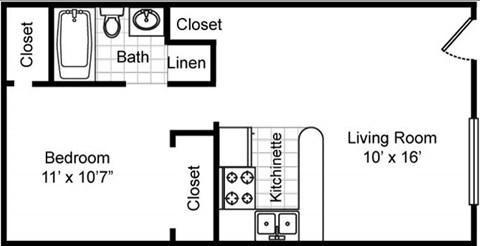 Floor plan for 1 bed, 1 bath, 512 sqft