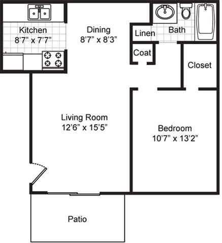 Floor plan for 1 bed, 1 bath, 649 sqft