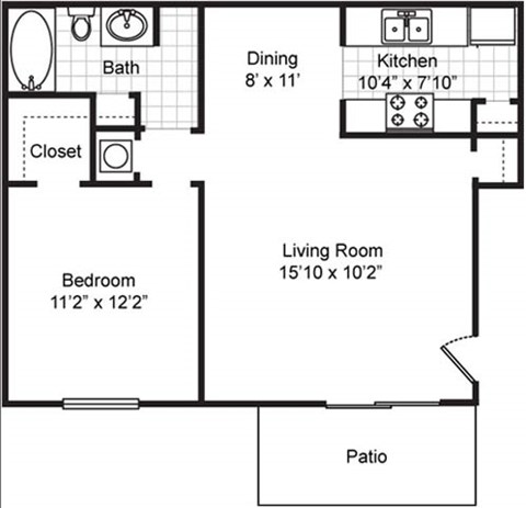 Floor plan for 1 bed, 1 bath, 771 sqft