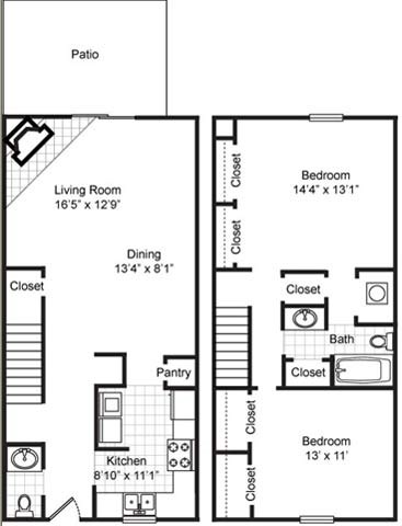 Floor plan for 2 beds, 1.5 baths, 1224 sqft