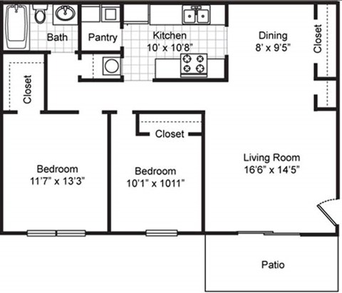 Floor plan for 2 beds, 1 bath, 1016 sqft