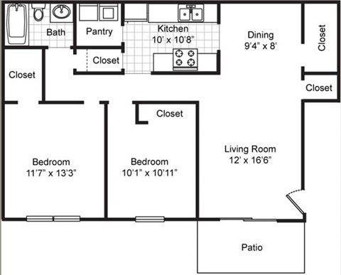 Floor plan for 2 beds, 2 baths, 1060 sqft