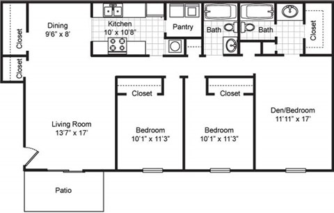 Floor plan for 3 beds, 2 baths, 1220 sqft