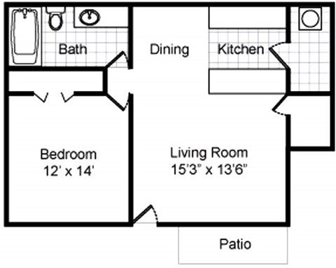 Floor plan for 1 bed, 1 bath, 750 sqft