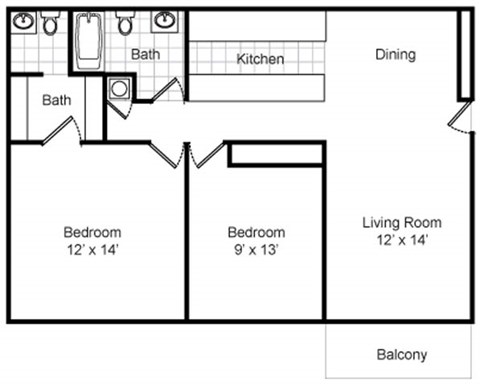 Floor plan for 2 beds, 1.5 baths, 900 sqft
