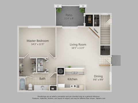 Floor plan for 1 bed, 1 bath, 912 sqft