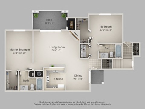 Floor plan for 2 beds, 2 baths, 1240 sqft