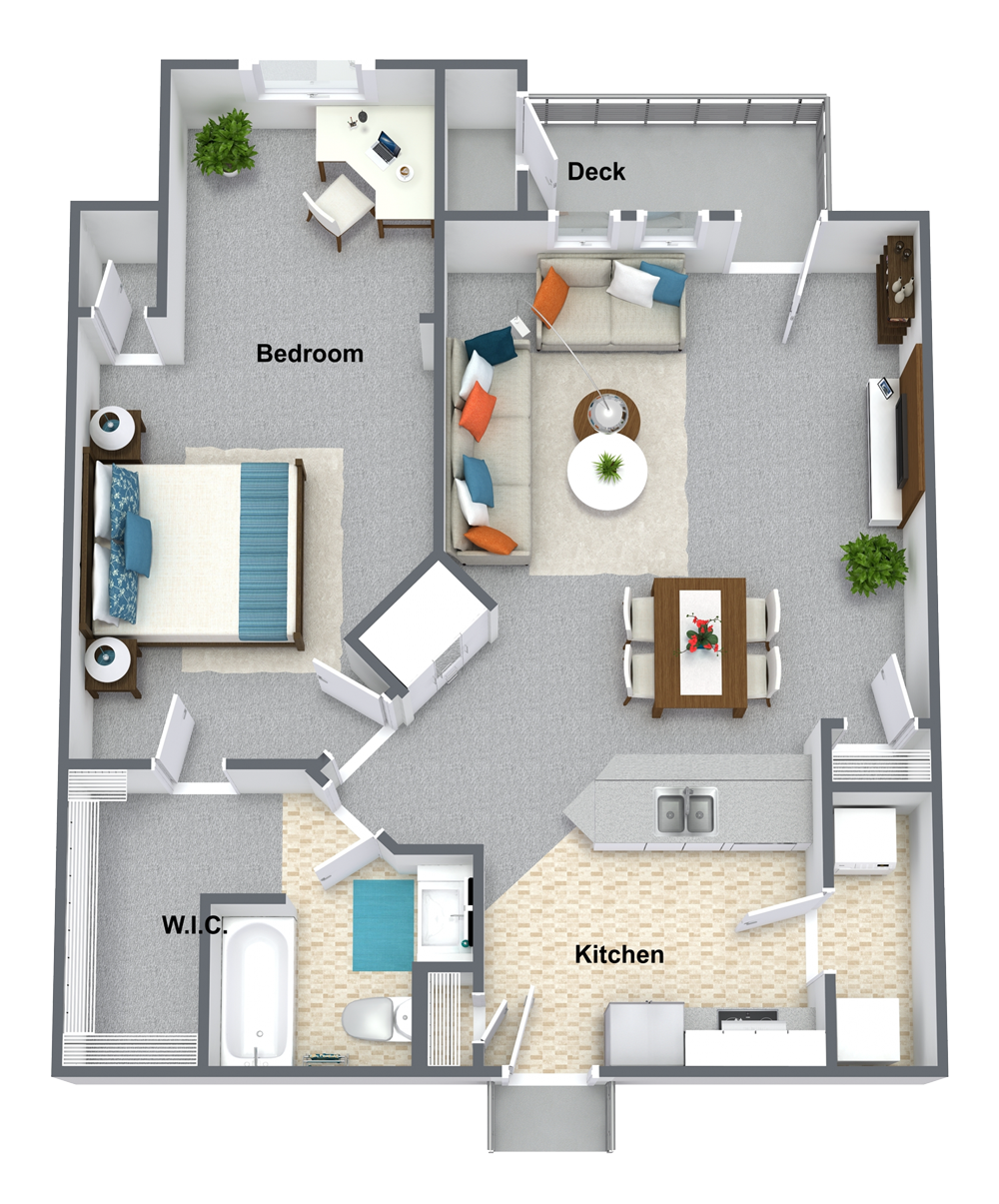 Floor plan for 1 bed, 1 bath, 870 sqft