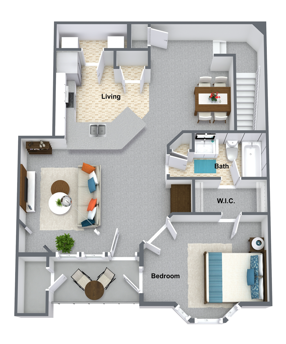 Floor plan for 1 bed, 1 bath, 924 sqft