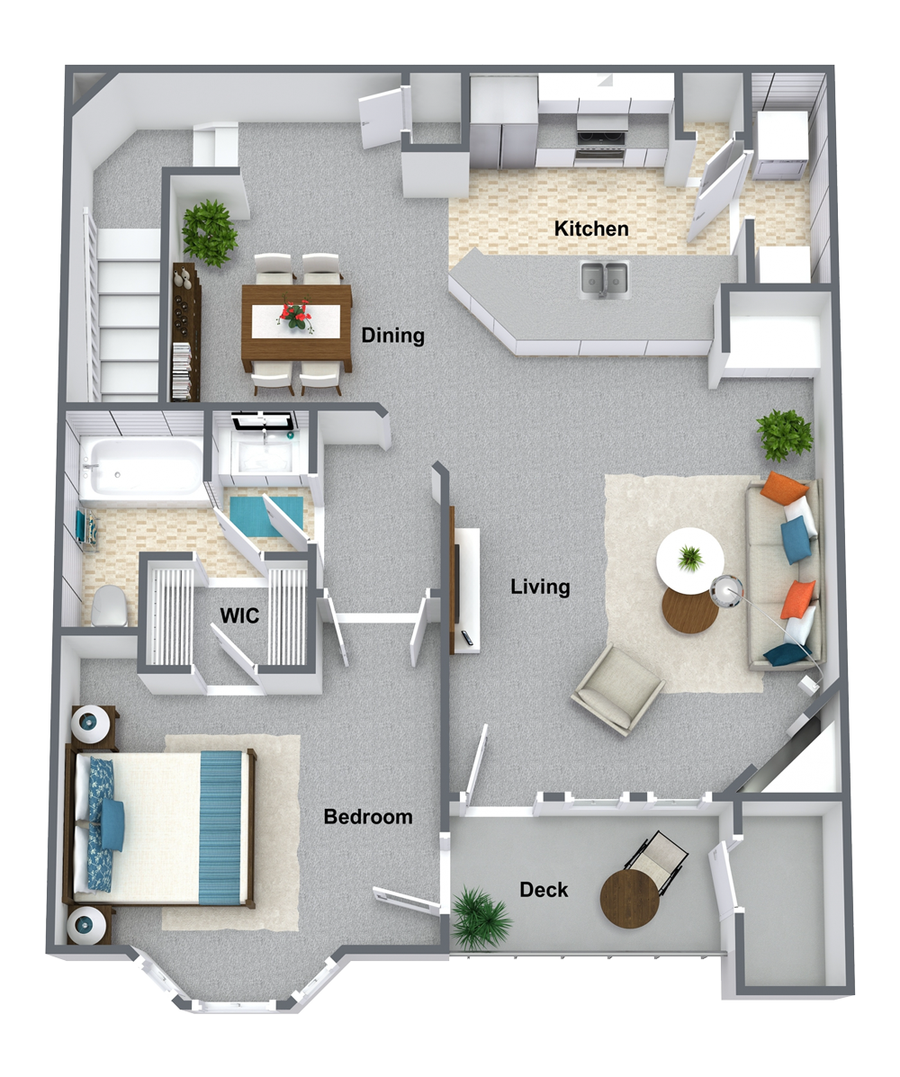 Floor plan for 1 bed, 1 bath, 978 sqft