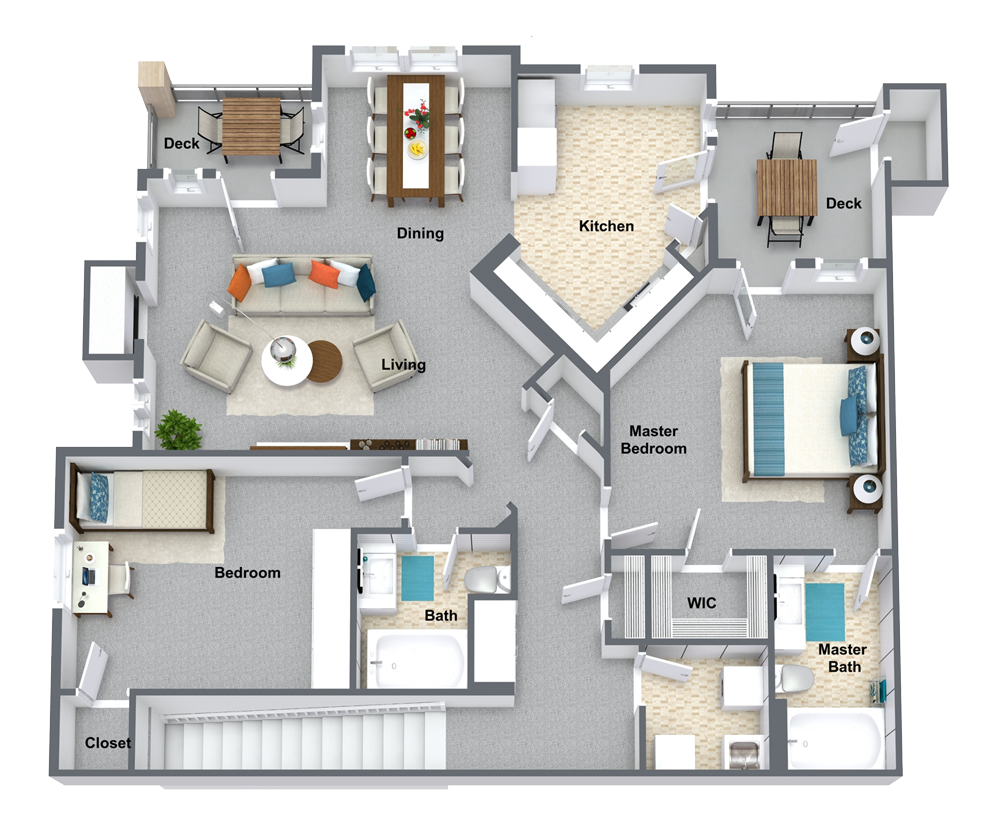 Floor plan for 2 beds, 2 baths, 1330 sqft