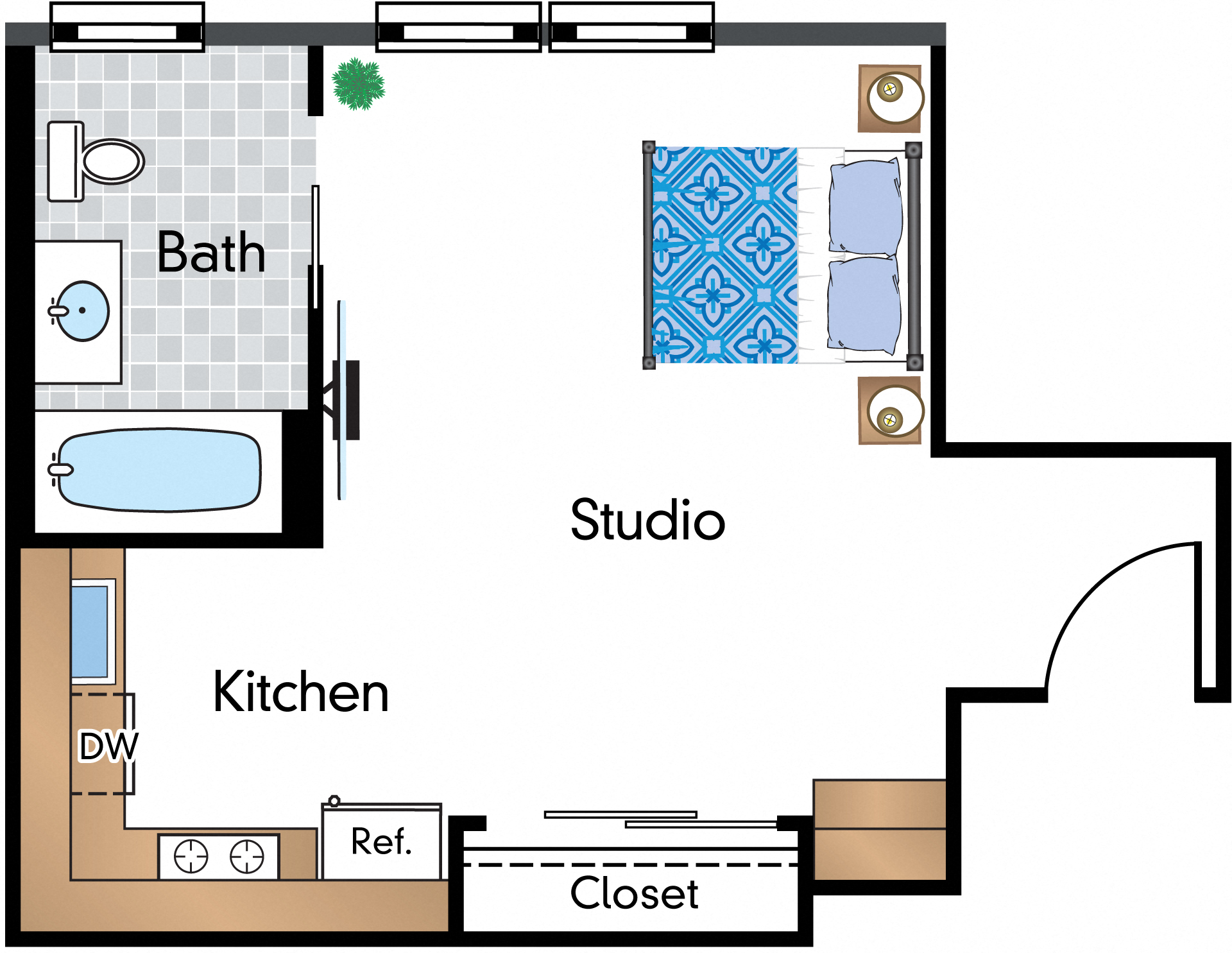 Floor plan for studio, 1 bath, 411 sqft