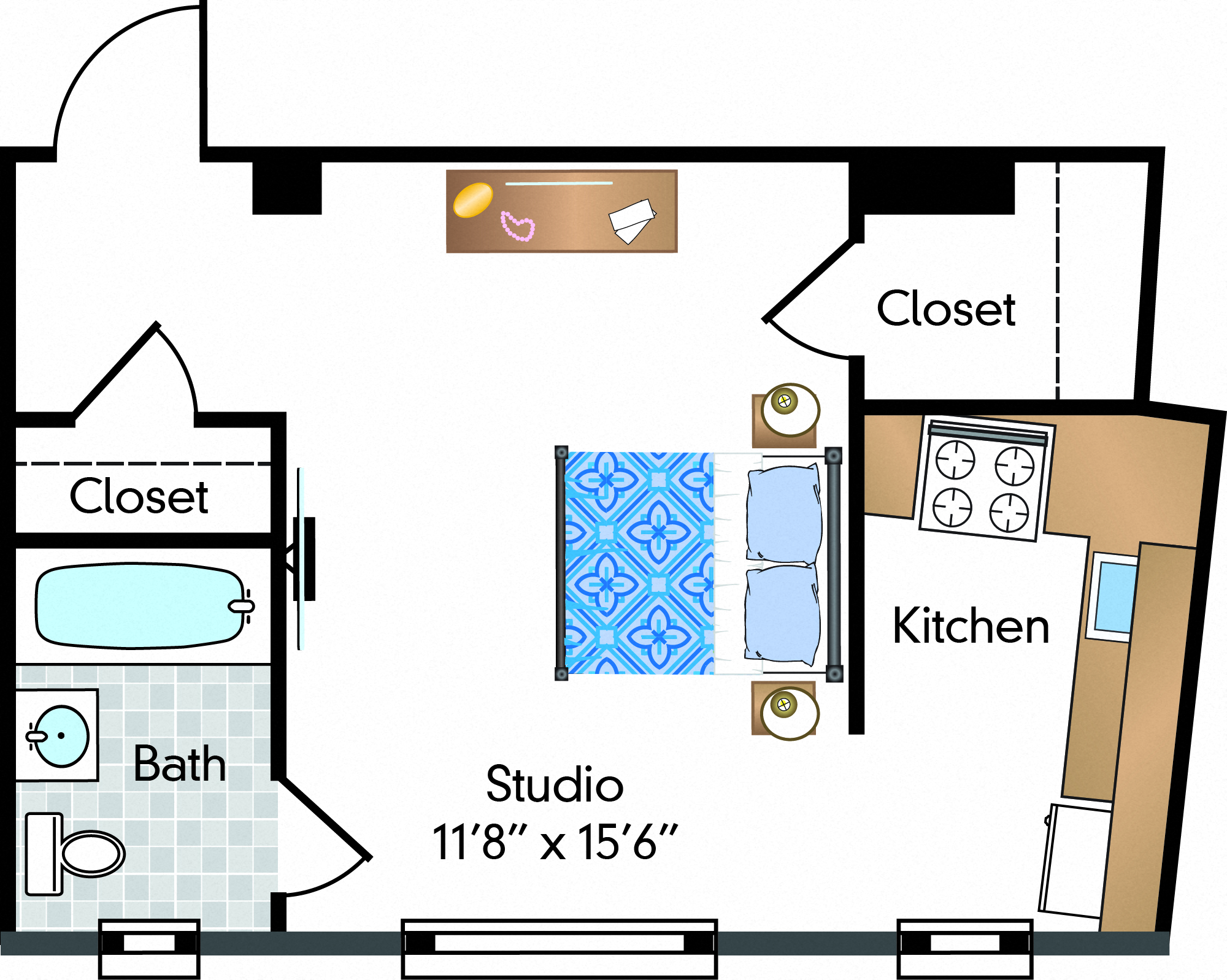 Floor plan for studio, 1 bath, 428 sqft