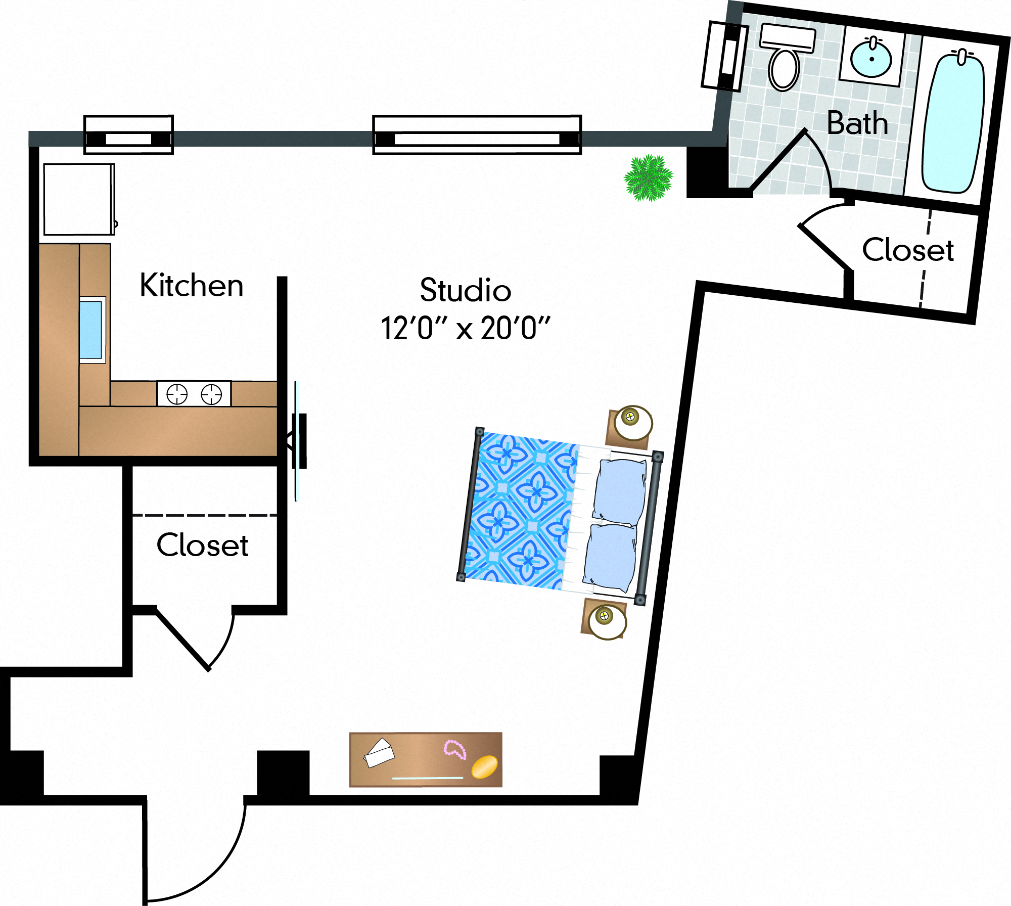 Floor plan for studio, 1 bath, 500 sqft