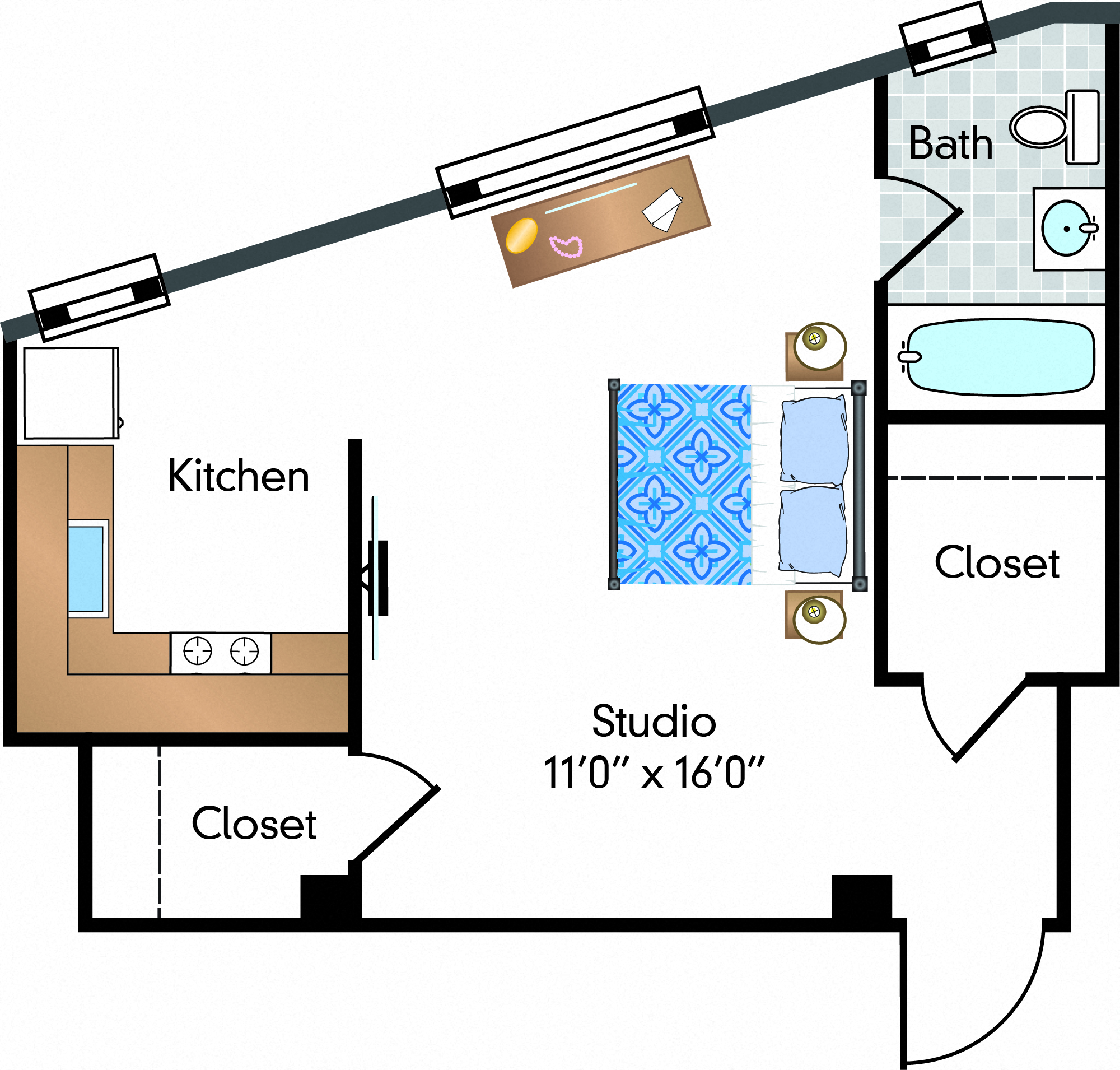 Floor plan for studio, 1 bath, 472 sqft