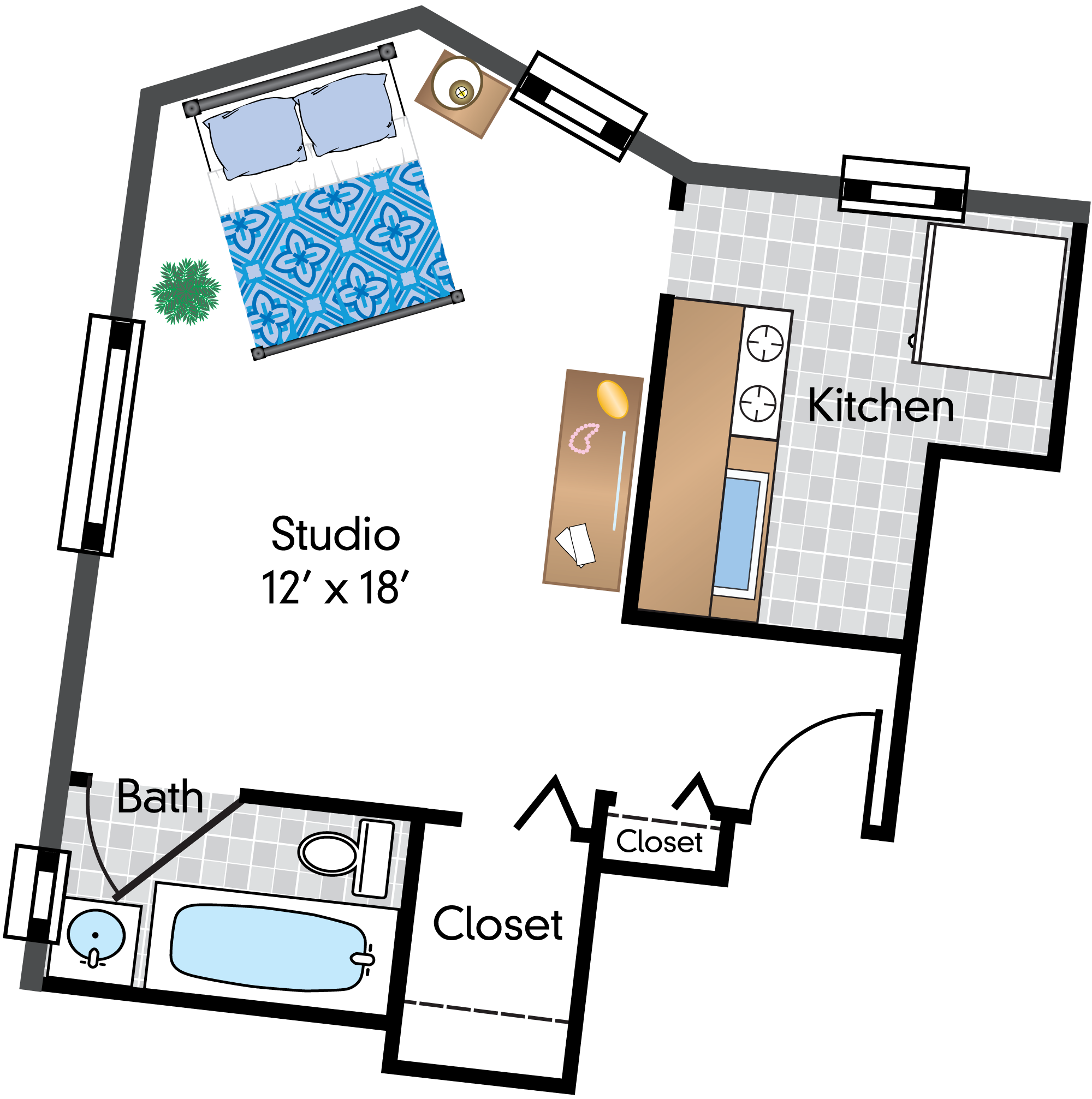 Floor plan for studio, 1 bath, 488 sqft