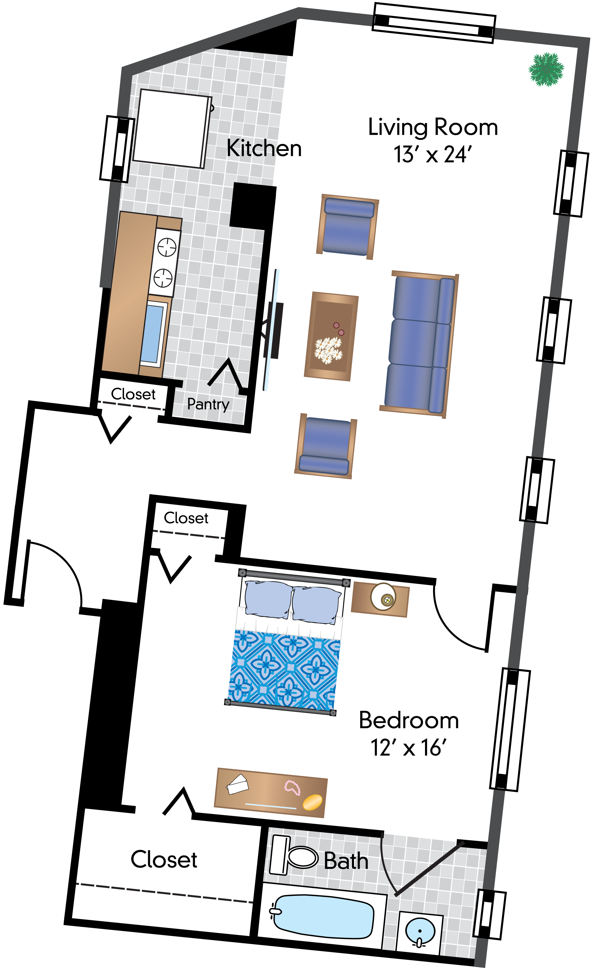 Floor plan for 1 bed, 1 bath, 961 sqft