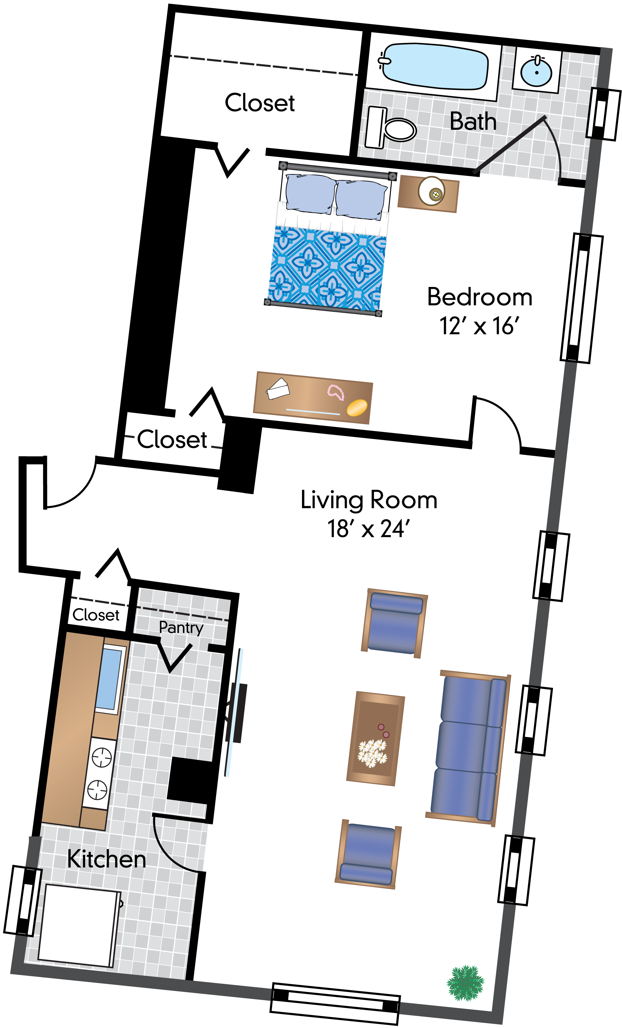 Floor plan for 1 bed, 1 bath, 737 sqft