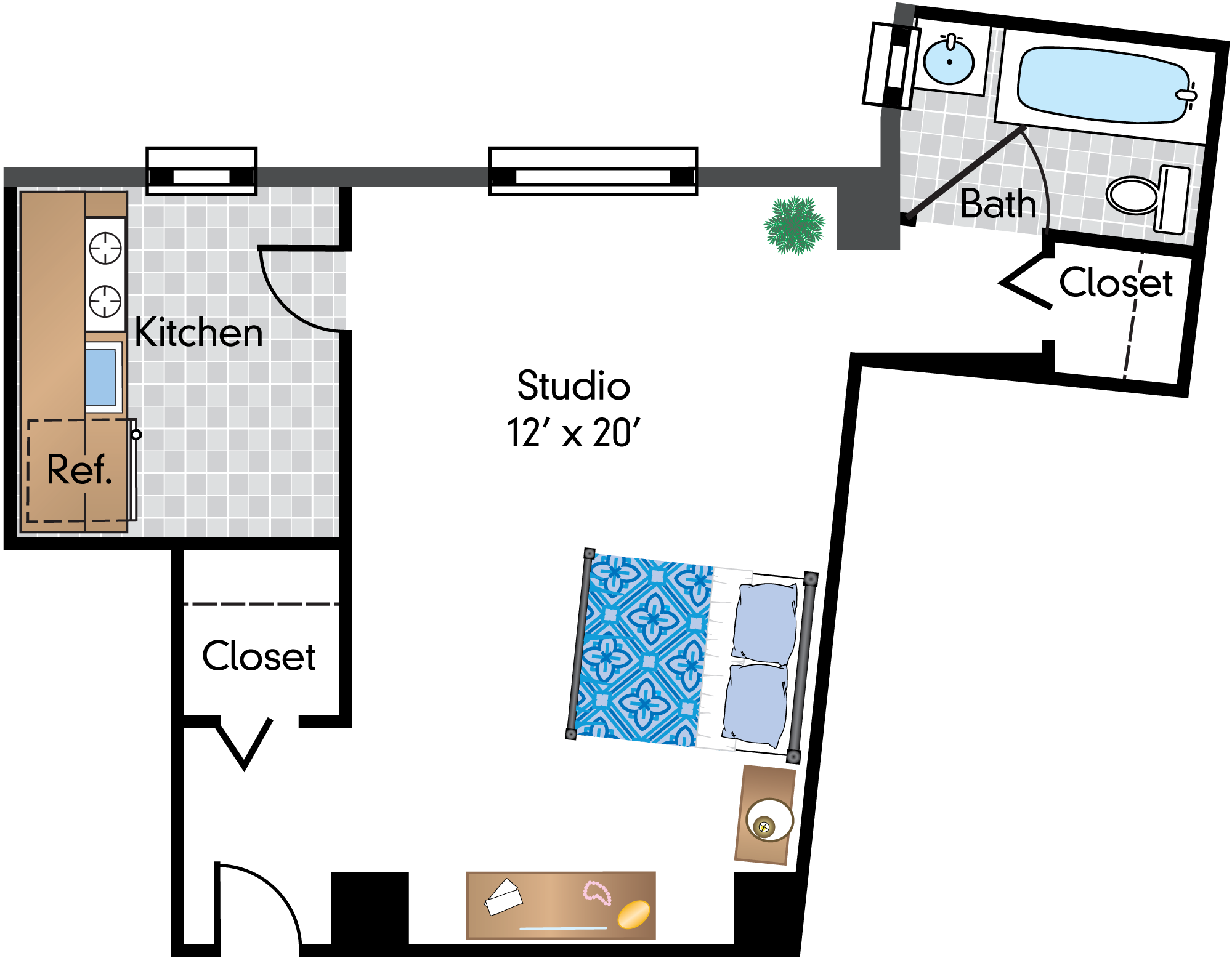 Floor plan for studio, 1 bath, 500 sqft