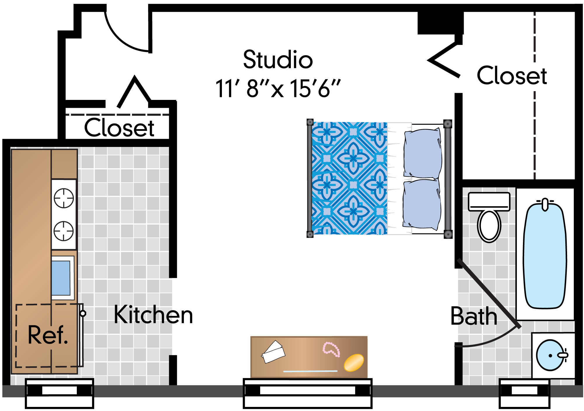 Floor plan for studio, 1 bath, 465 sqft