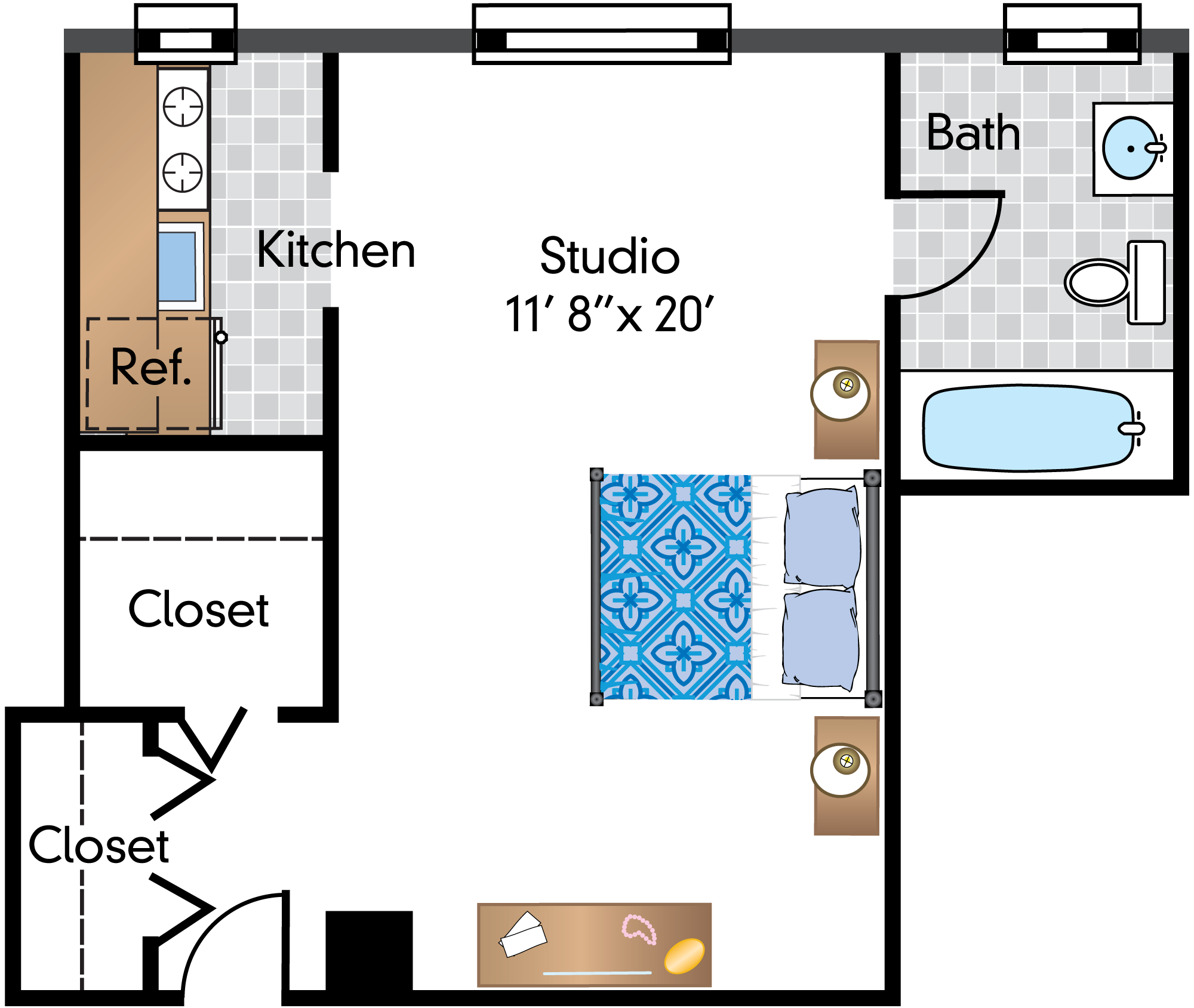 Floor plan for studio, 1 bath, 476 sqft