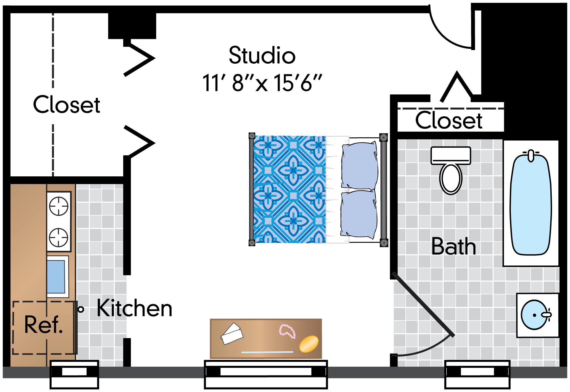 Floor plan for studio, 1 bath, 416 sqft