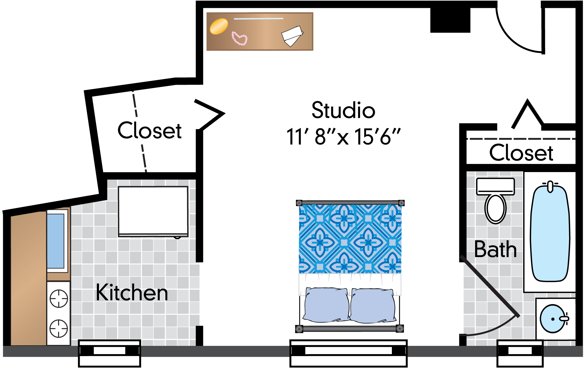 Floor plan for studio, 1 bath, 483 sqft