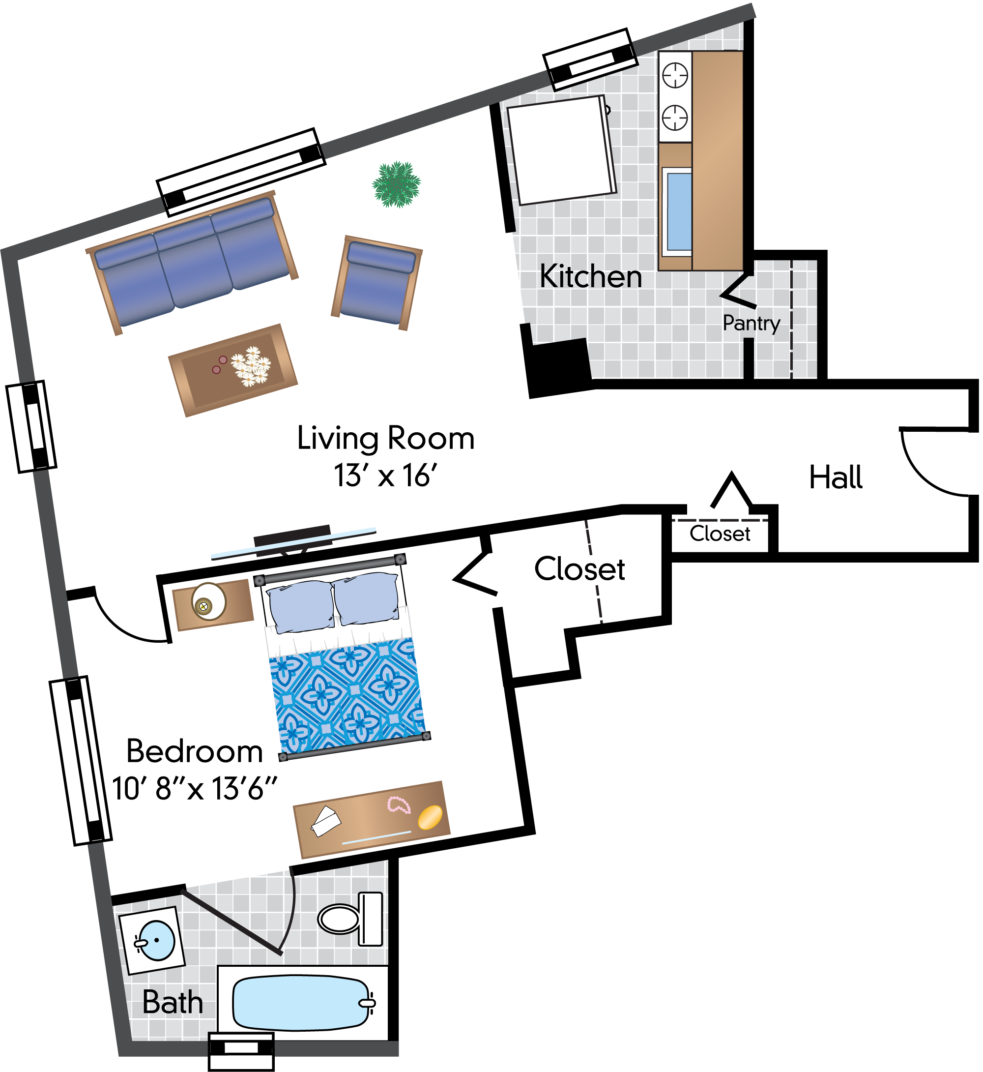 Floor plan for 1 bed, 1 bath, 1146 sqft