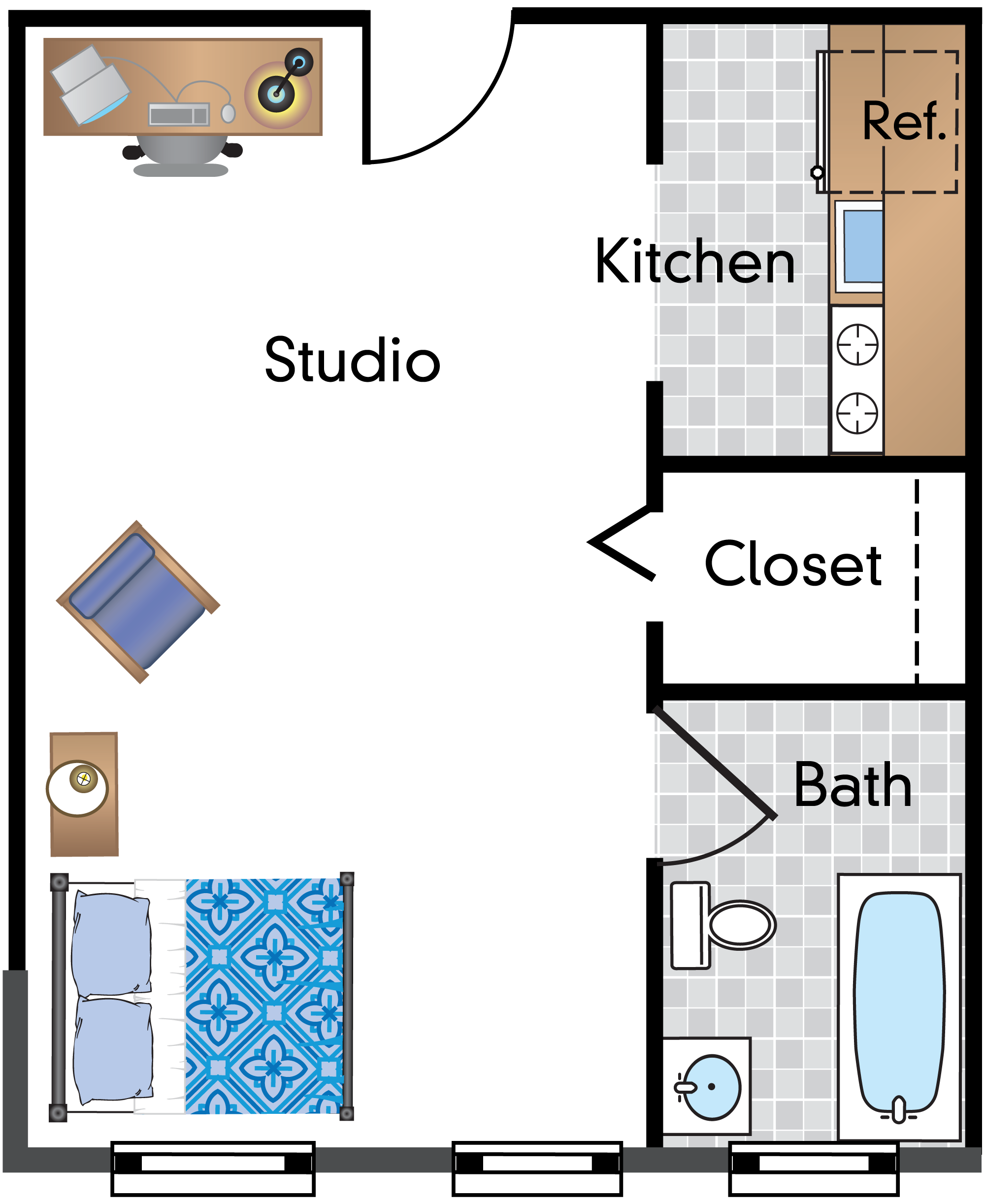 Floor plan for studio, 1 bath, 423 sqft