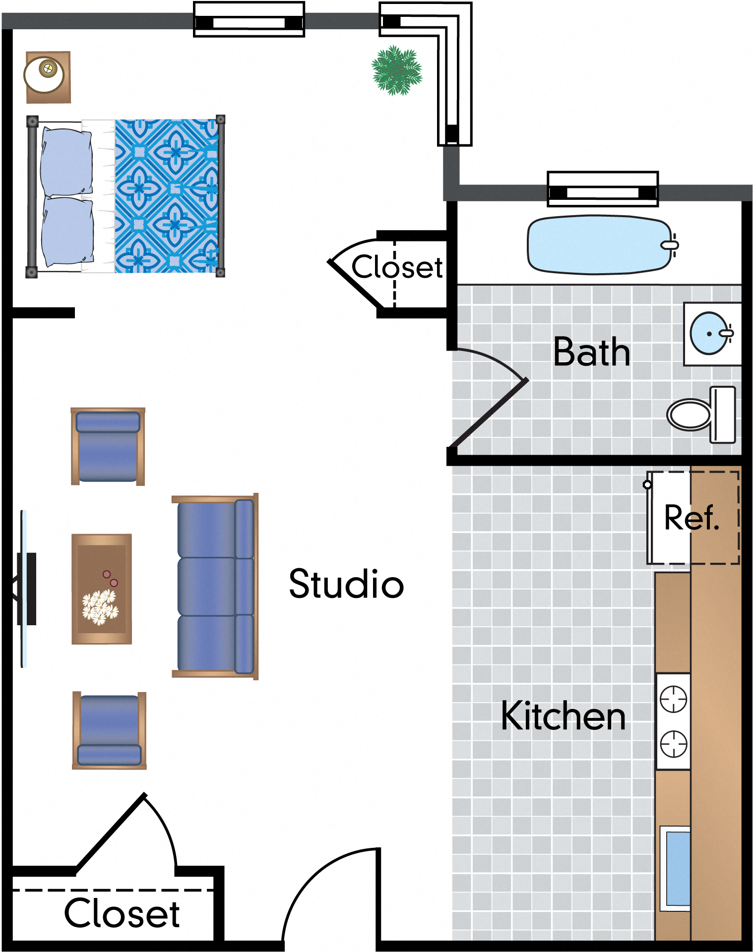 Floor plan for studio, 1 bath, 400 sqft