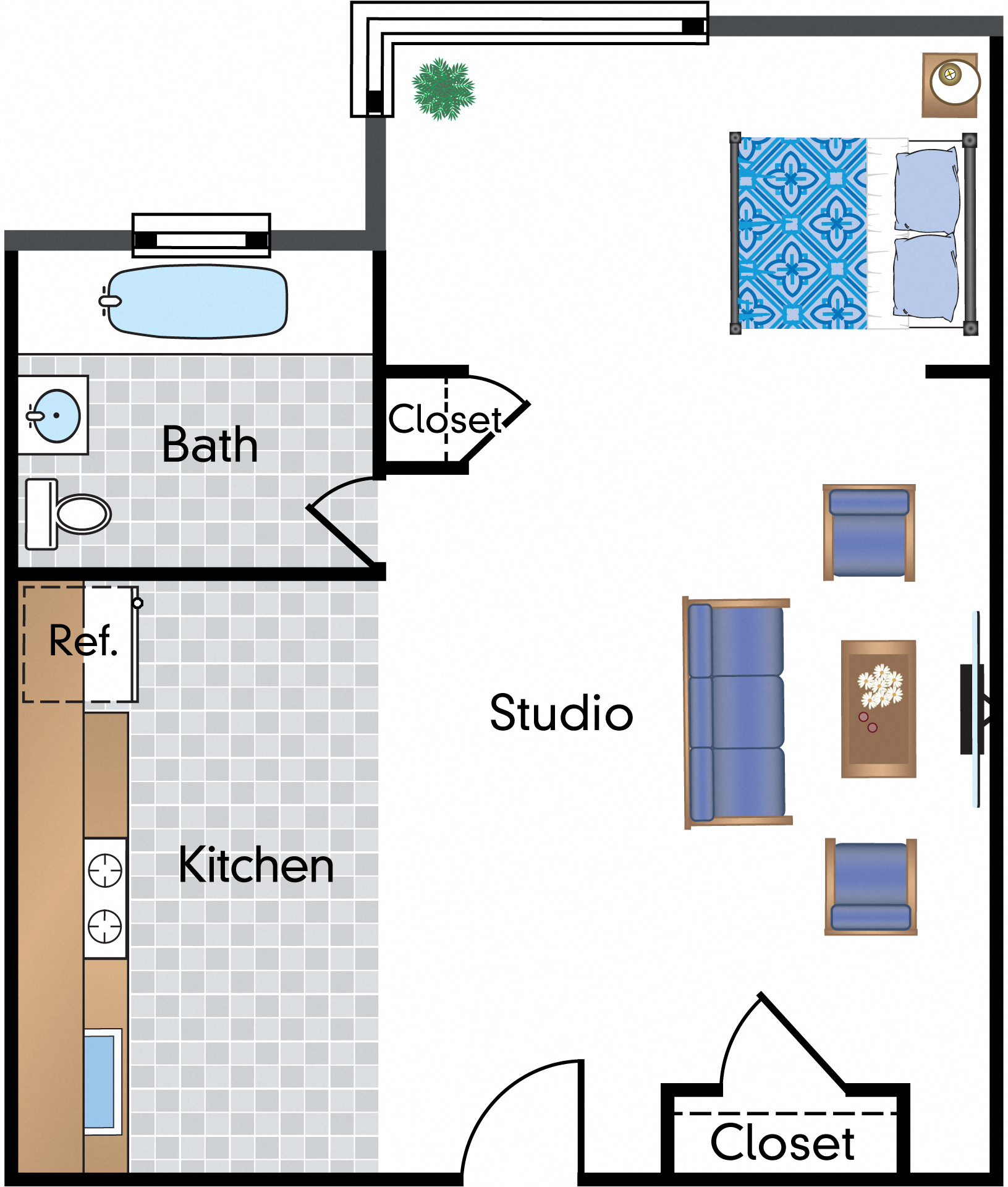 Floor plan for studio, 1 bath, 400 sqft