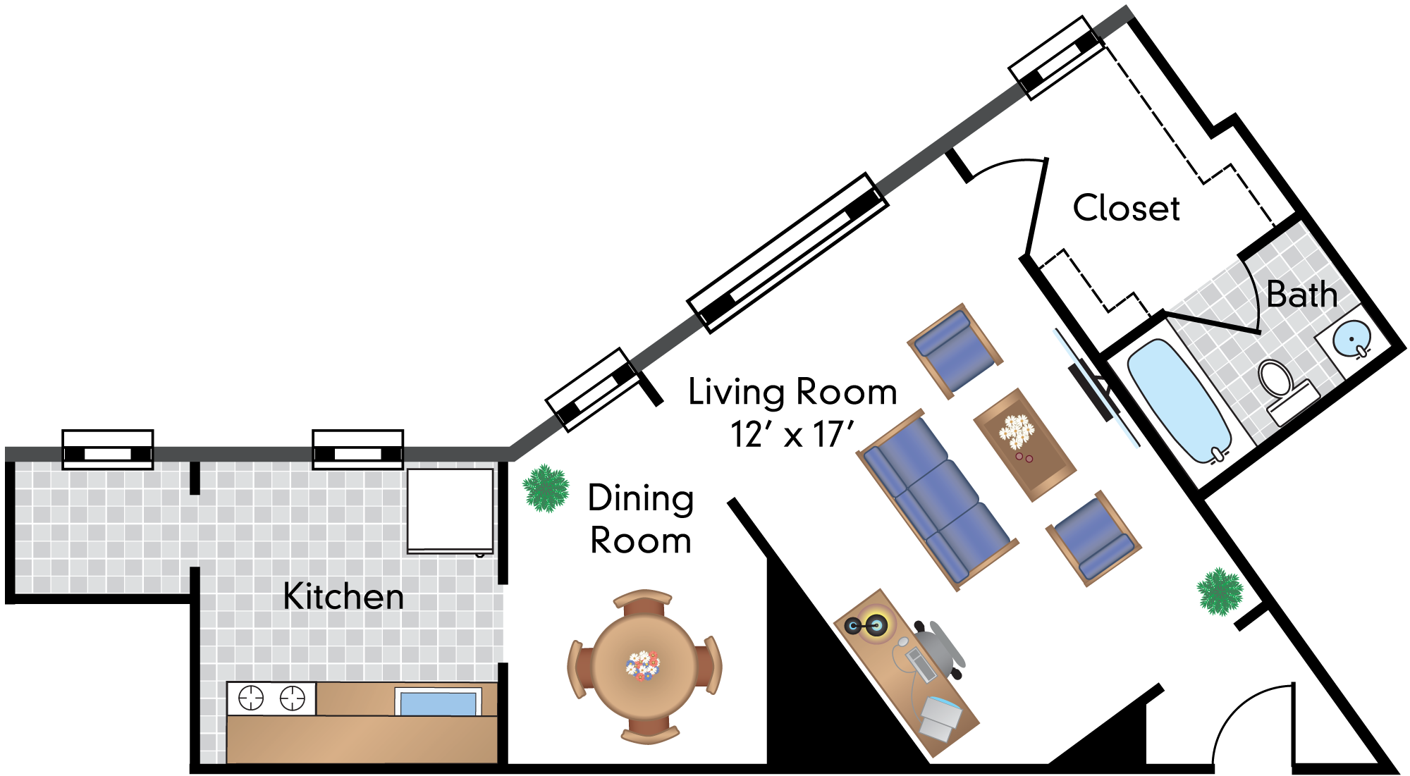 Floor plan for studio, 1 bath, 597 sqft