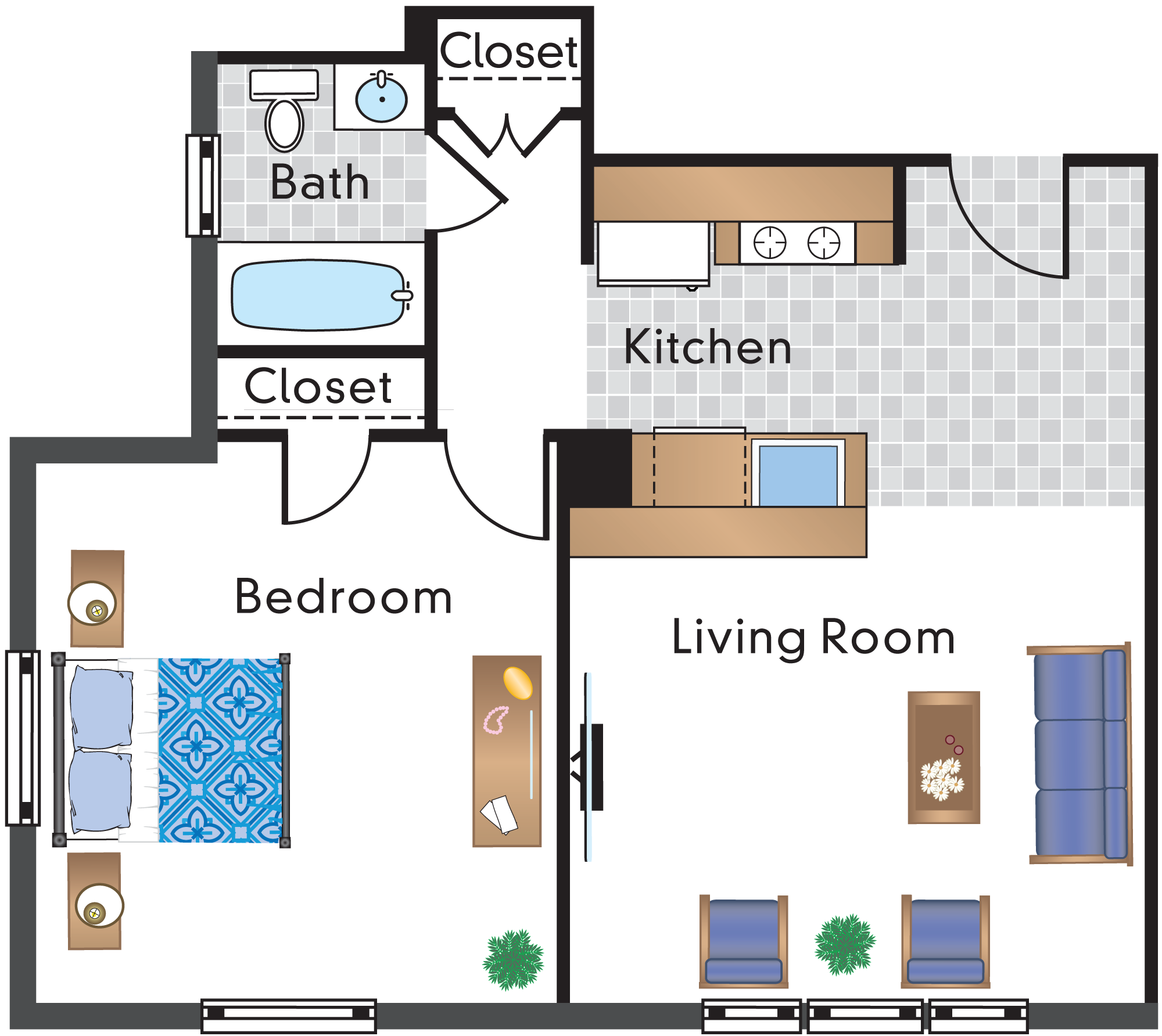 Floor plan for 1 bed, 1 bath, 654 sqft