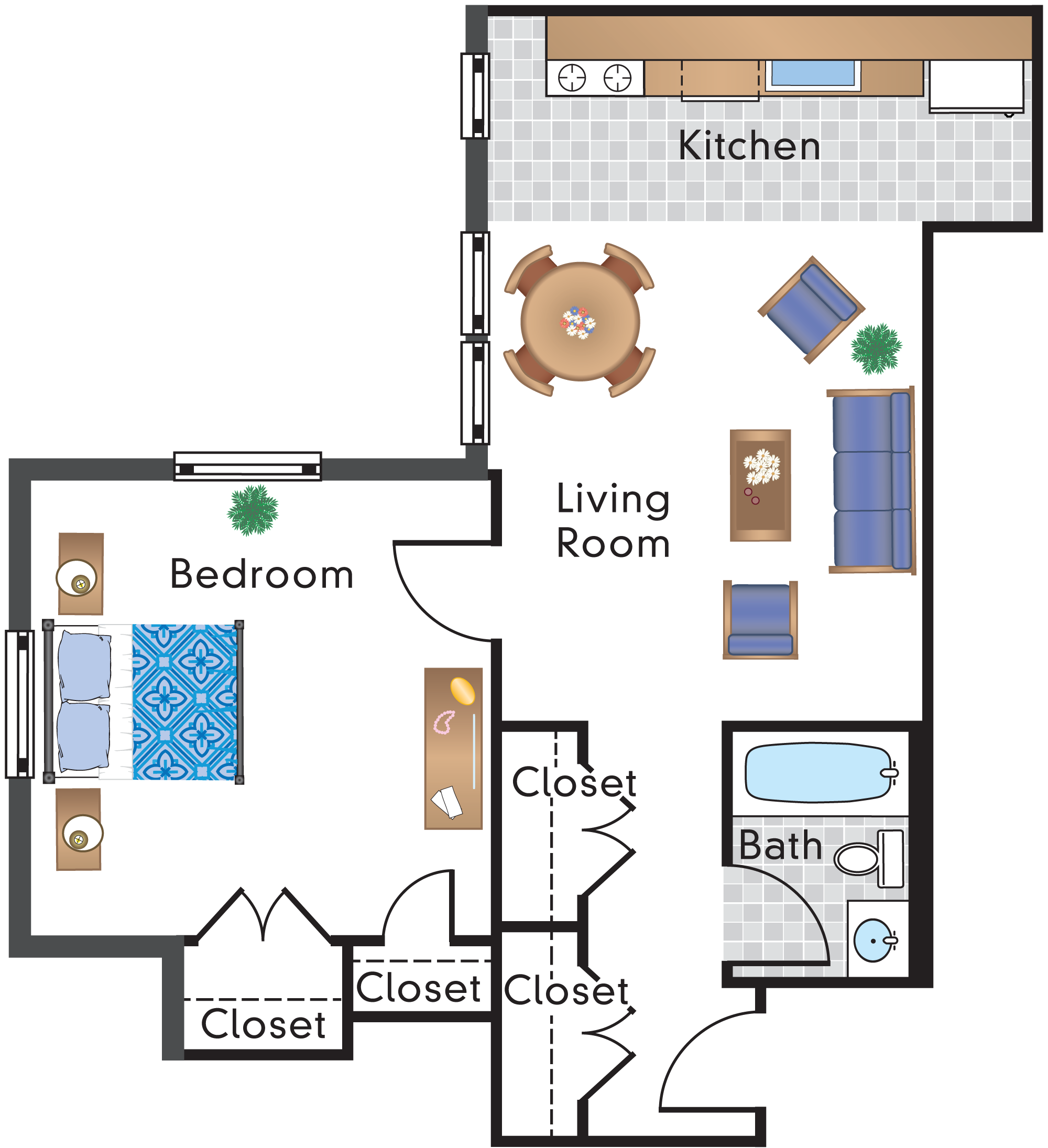 Floor plan for 1 bed, 1 bath, 673 sqft