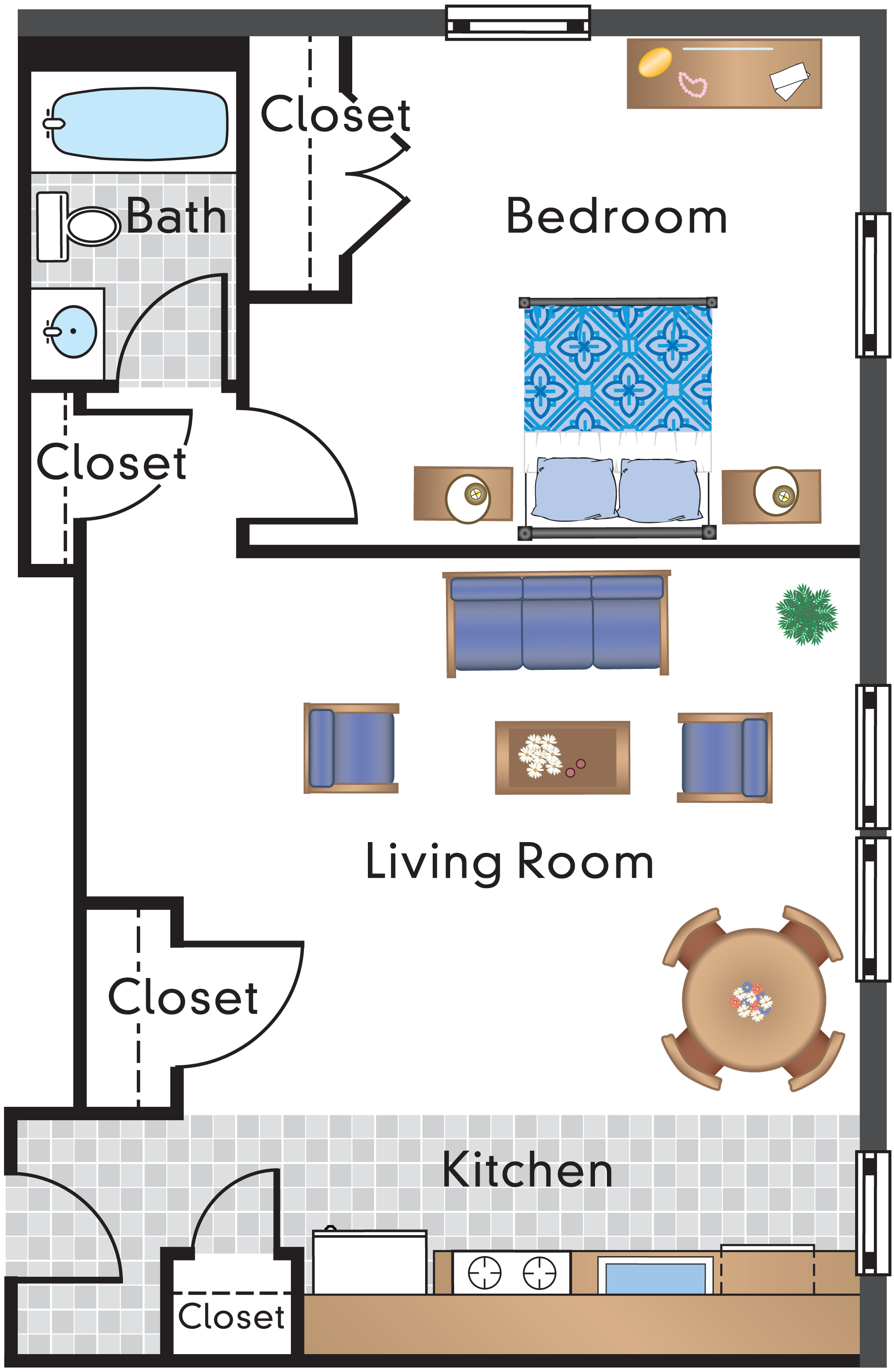 Floor plan for 1 bed, 1 bath, 726 sqft
