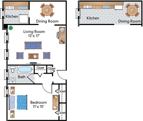 Floor plan for 1 bed, 1 bath, 685 sqft