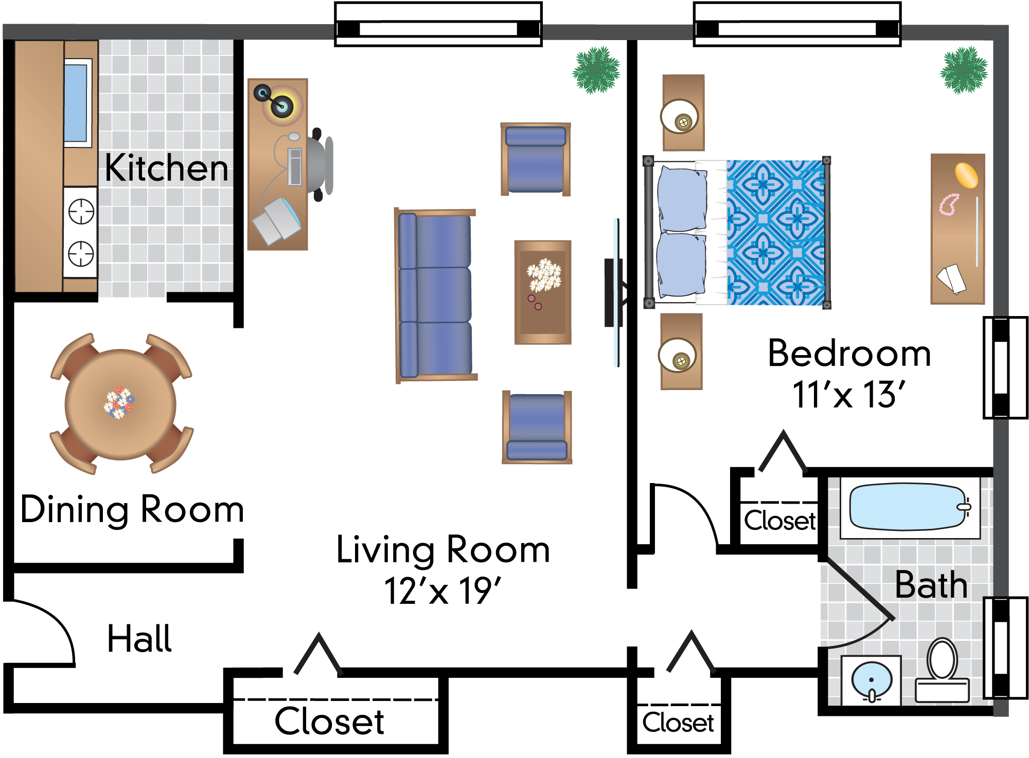 Floor plan for 1 bed, 1 bath, 688 sqft